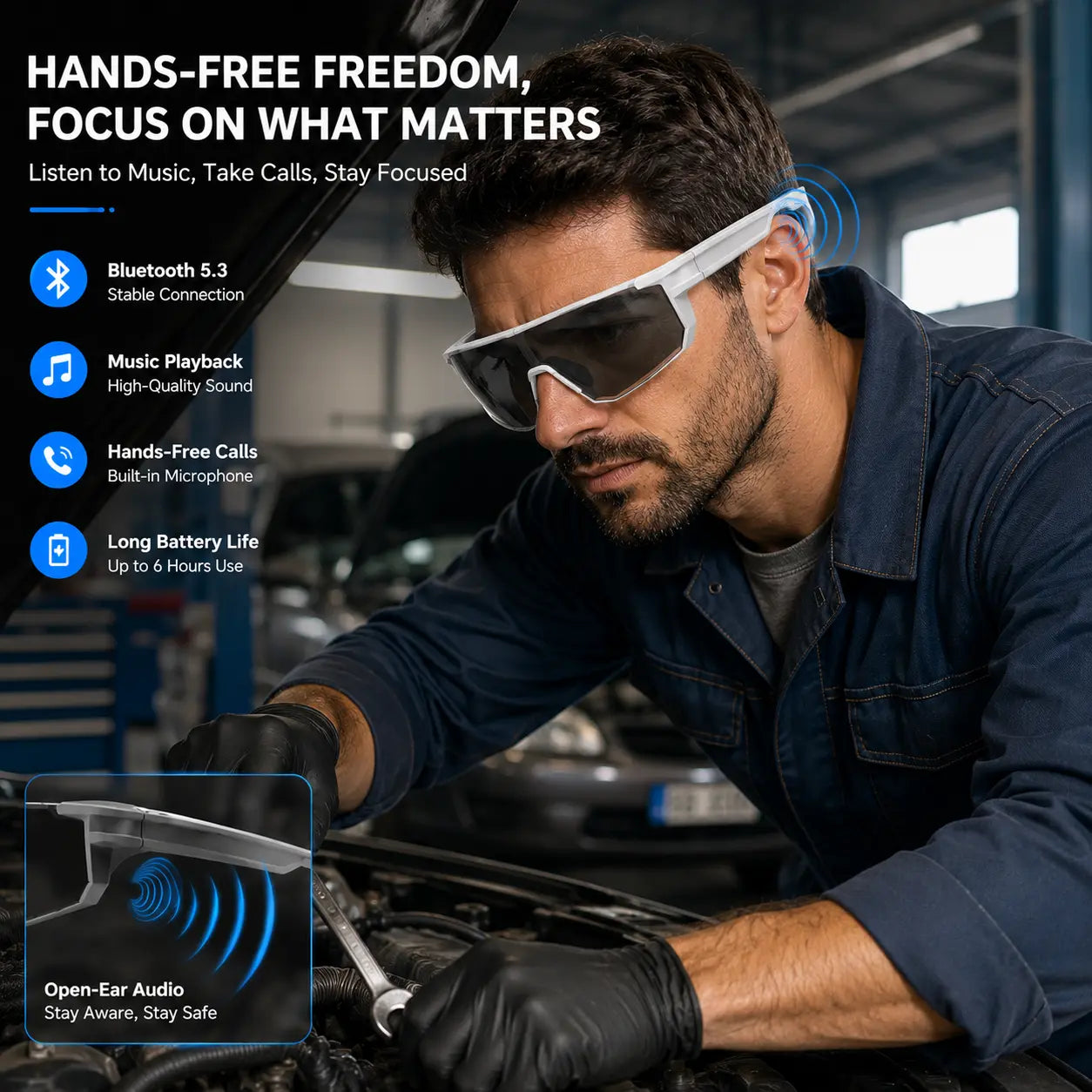 Photochromic Polarized Bluetooth Safety Glasses, Photochromic UV400 Lens, Dustproof and Waterproof, Open-Ear Music, Hands-Free Calls, AI Translation Eyewear for Warehouse, Construction, Delivery and Outdoor Work
