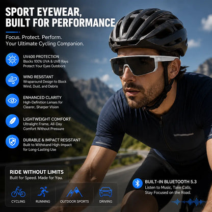 Photochromic Polarized Bluetooth Safety Glasses, Photochromic UV400 Lens, Dustproof and Waterproof, Open-Ear Music, Hands-Free Calls, AI Translation Eyewear for Warehouse, Construction, Delivery and Outdoor Work