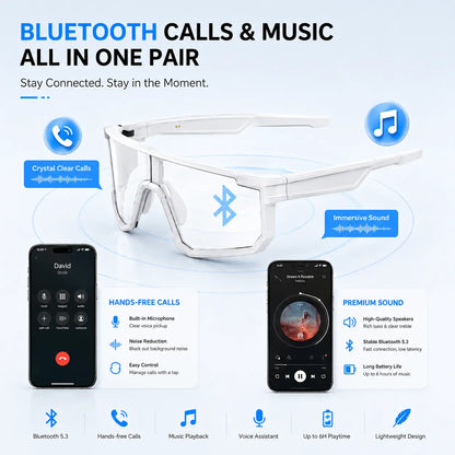 Photochromic Polarized Bluetooth Safety Glasses, Photochromic UV400 Lens, Dustproof and Waterproof, Open-Ear Music, Hands-Free Calls, AI Translation Eyewear for Warehouse, Construction, Delivery and Outdoor Work