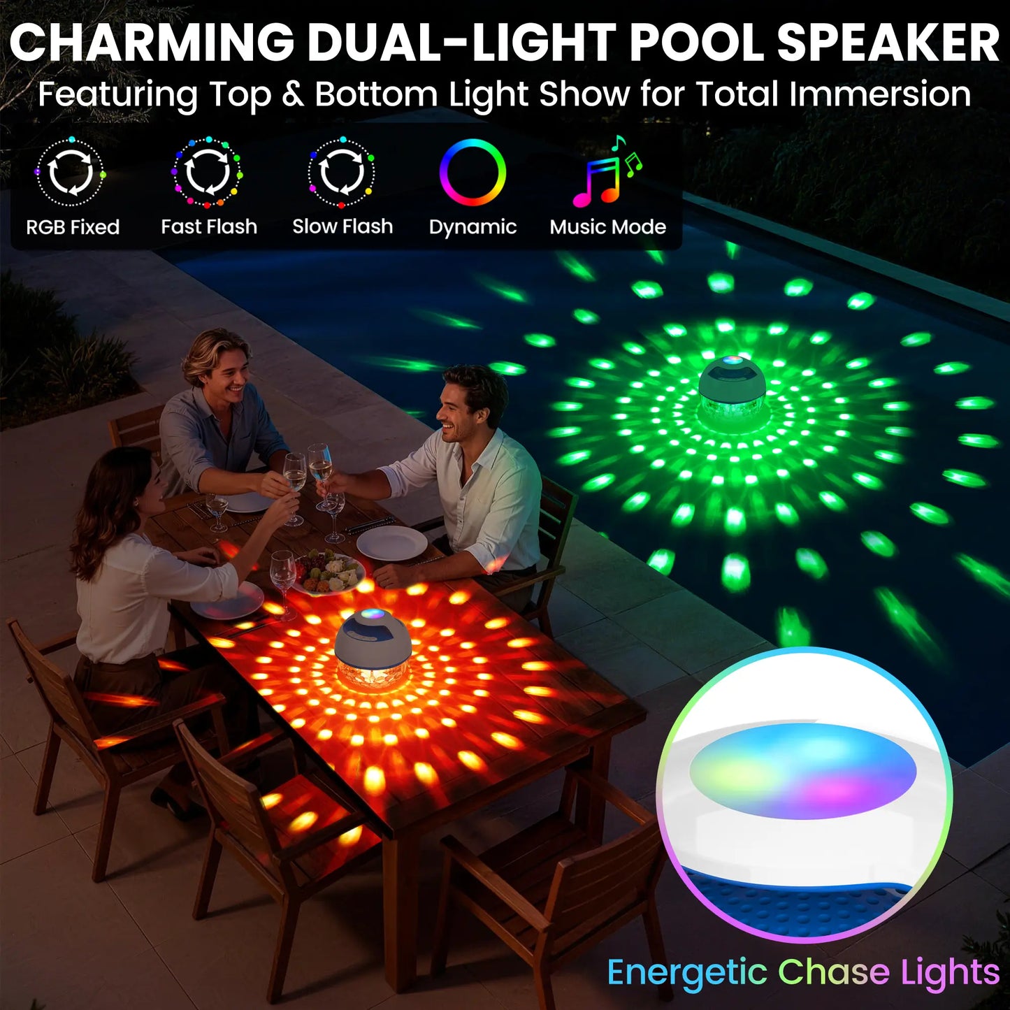 Portable Bluetooth Floating Pool Speaker, IP68 Waterproof Hot Tub Speaker with Colorful Lights, 360° Surround Stereo Loud Sound, Hands-Free Wireless Speaker for Pool Spa - White