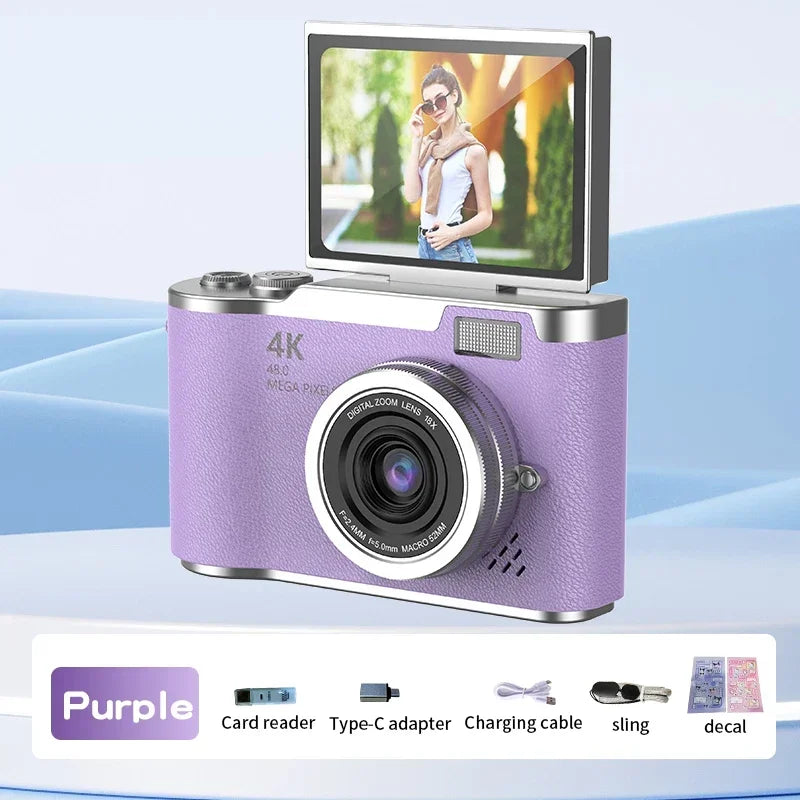 4K CCD Digital Camera for Student 48MP Compact Digital Photography Camera 180°Flip Screen Selfile Camera for Kid Adult Beginners