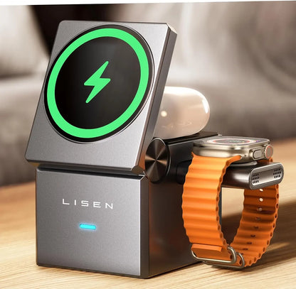 LISEN 3 in 1 Charging Station Cube for Multiple Devices Apple Fortravel Charger for Iphone 15 Pro Max Airpods Apple Watch
