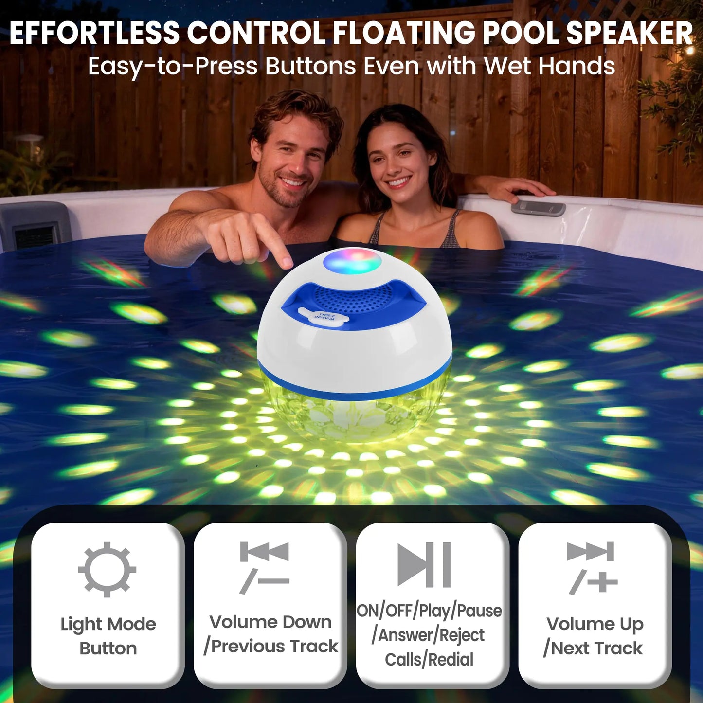 Portable Bluetooth Floating Pool Speaker, IP68 Waterproof Hot Tub Speaker with Colorful Lights, 360° Surround Stereo Loud Sound, Hands-Free Wireless Speaker for Pool Spa - White