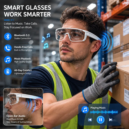 Photochromic Polarized Bluetooth Safety Glasses, Photochromic UV400 Lens, Dustproof and Waterproof, Open-Ear Music, Hands-Free Calls, AI Translation Eyewear for Warehouse, Construction, Delivery and Outdoor Work