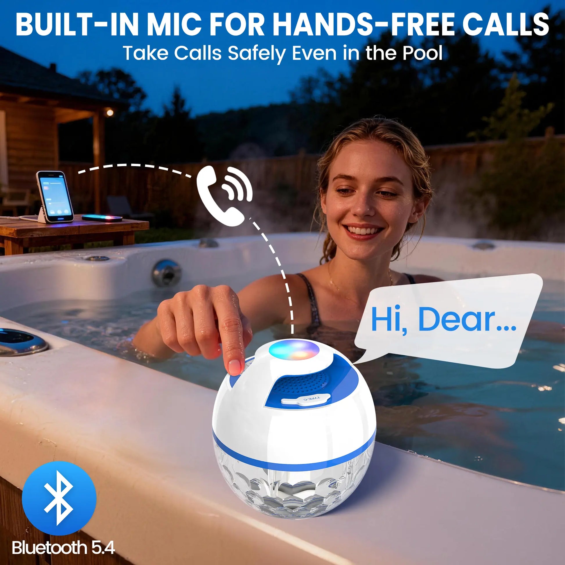 Portable Bluetooth Floating Pool Speaker, IP68 Waterproof Hot Tub Speaker with Colorful Lights, 360° Surround Stereo Loud Sound, Hands-Free Wireless Speaker for Pool Spa - White